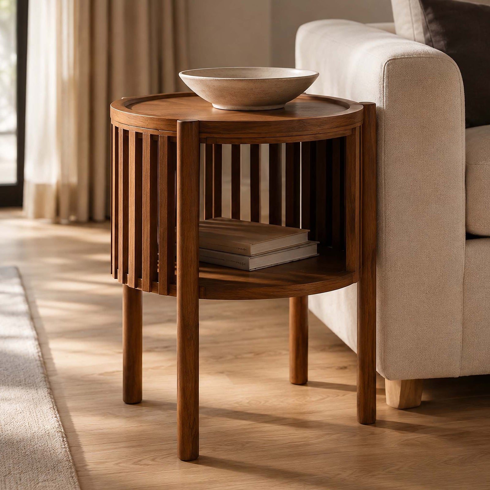 Gallery Everyday Cassis Side Table, featuring a round wooden top, slatted back, and open lower shelf beside a beige sofa.