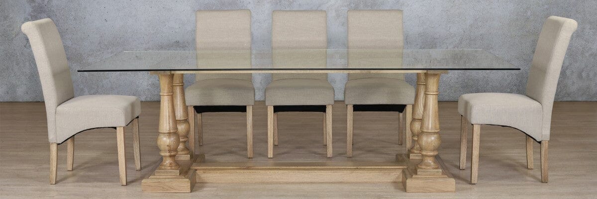 Charlotte Glass Top & Windsor 8 Seater Dining Set Dining room set Leather Gallery Antique Natural Oak