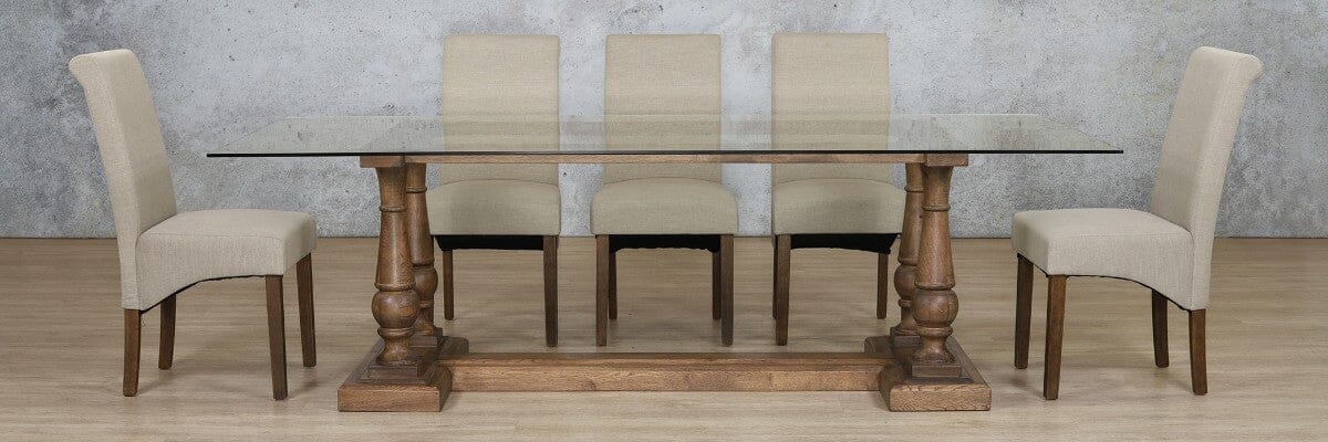 Charlotte Glass Top & Windsor 8 Seater Dining Set Dining room set Leather Gallery Antique Dark Oak