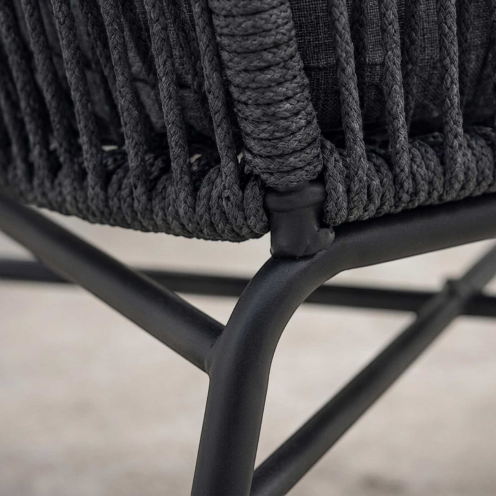 Detailed view showing framework and olefin rope upholstery on a Marlin Patio Chair | Patio chairs, patio set, outdoor furniture