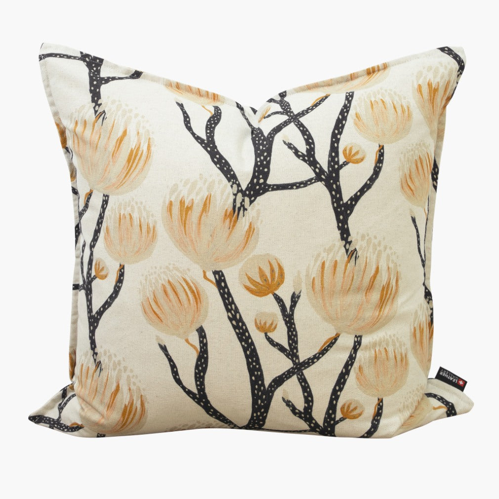 Fynbos Protea scatter cushions featuring a botanical floral print on cream fabric, perfect for styling your couches. | Leather Gallery Scatter Cushions.