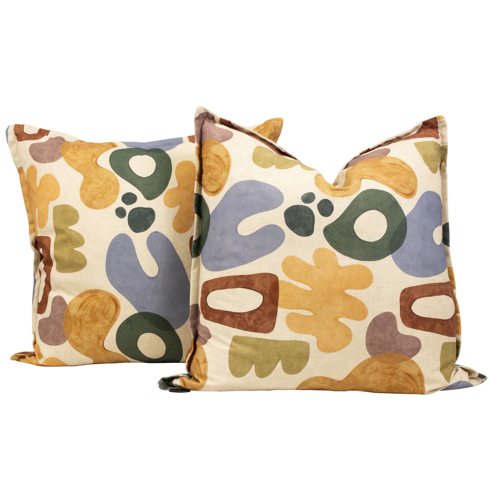 Two Issa Linen lounge cushions (59cm x 59cm) with vibrant abstract organic patterns in earth tones, ideal as bold couch cushions for modern interiors. | Leather Gallery Scatter Cushions