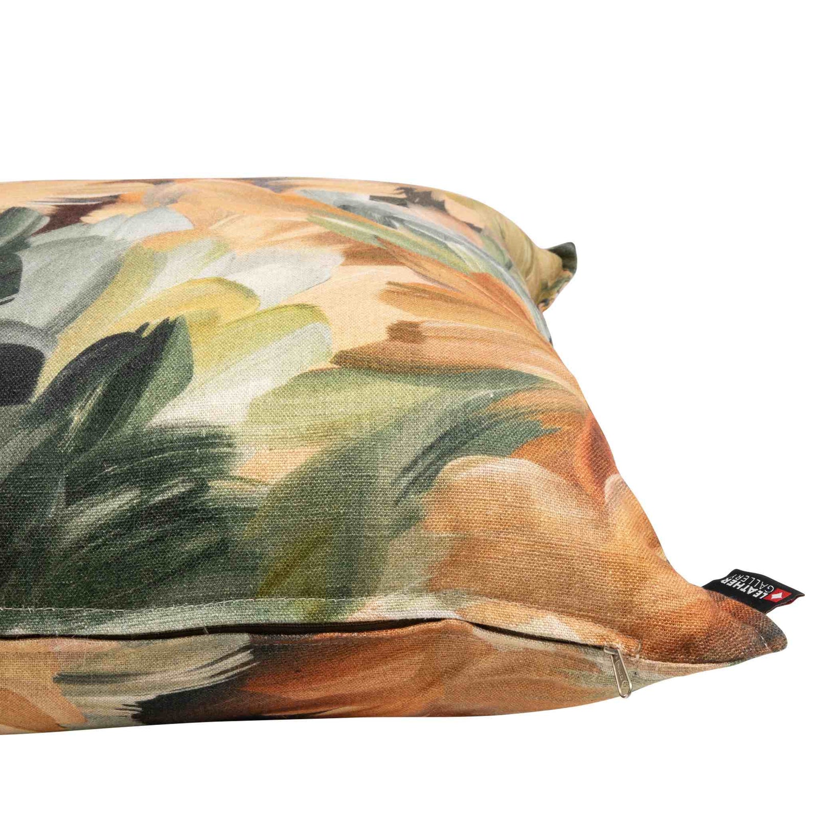 Close-up side view of the high-quality Majestic Sunrise couch cushion showing the durable fabric texture and secure zipper closure. | Leather Gallery Scatter Cushions