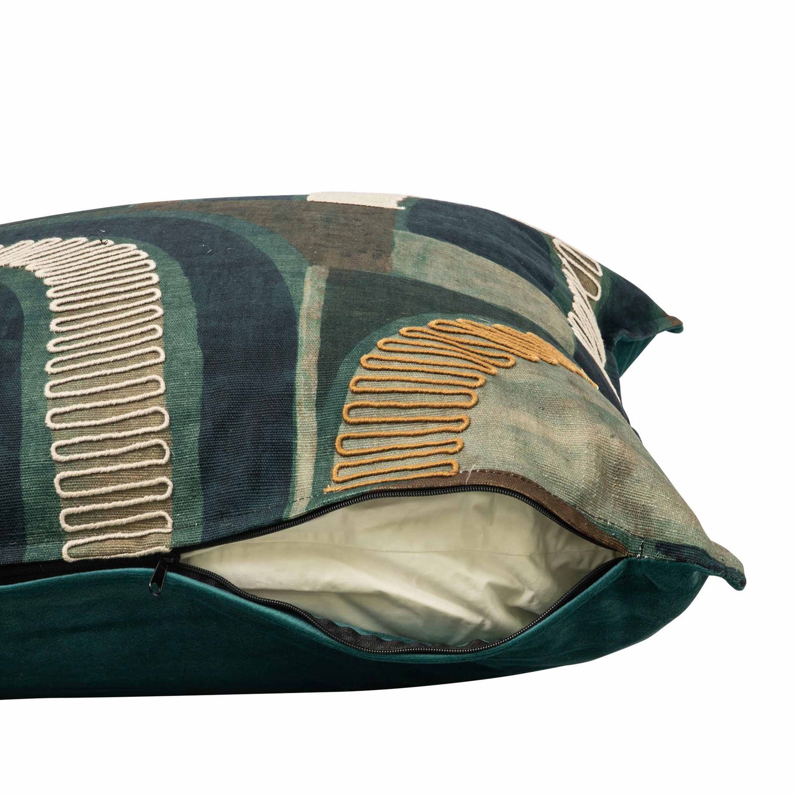 A lounge cushion showing a high-quality concealed zipper partially open to reveal a thick white inner pad, highlighting the removable cover for easy care and maintenance. | Leather Gallery Home Decor - Cushions