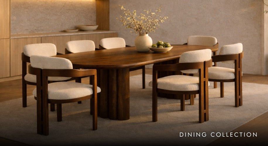 Leather Gallery Gaia Dining Table paired with Marlon fabric dining chairs in a modern dining space. | dining chairs, dining table and chairs, wood dining chairs, dining chairs for round table