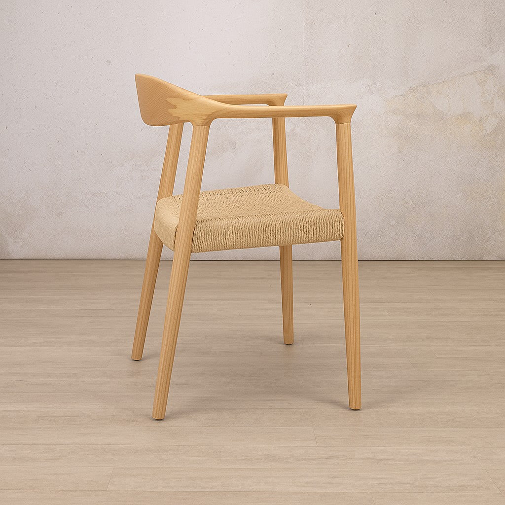 Side view of the Easton wood dining chair in a warm, natural hued finish.