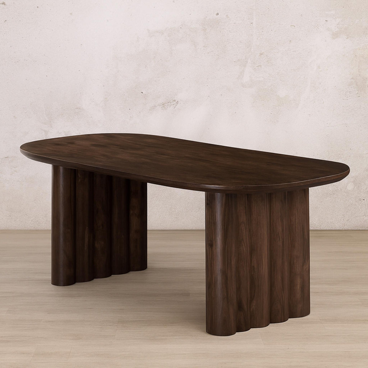 Gallery Everyday Gaia Dining Table in Brown Walnut, featuring a wooden top with a distinctive sculptural base design.
