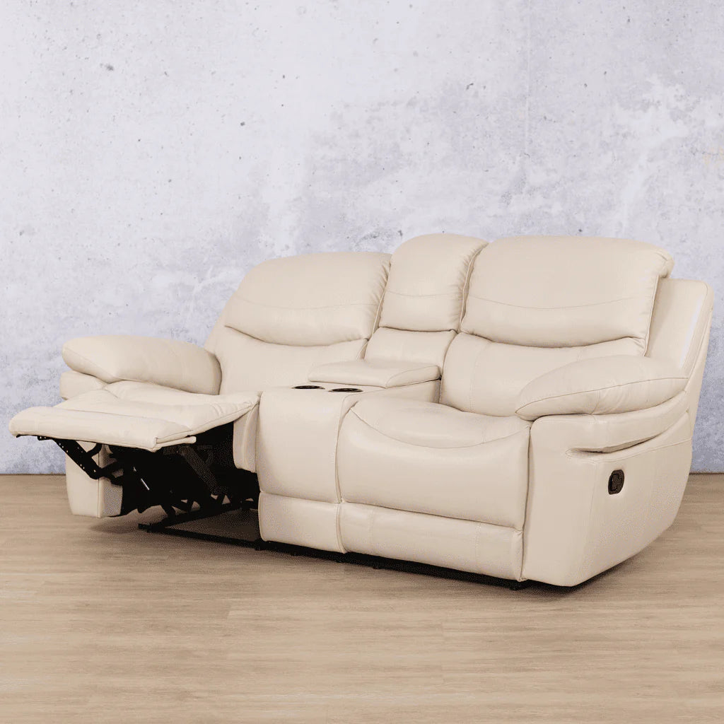Angle view of Beige-G Geneva 2-seater Home Theatre Recliner with recliner open - Leather Recliner, 2 seater recliner couch, recliners on sale