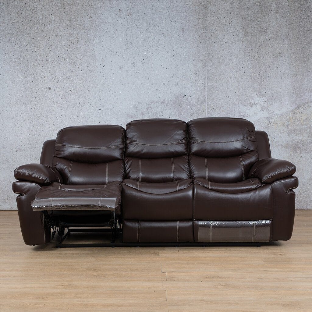 Geneva 3-seater-leather-recliner- Choc , front facing with recliner open - Recliner, leather recliner couch, recliner couches for sale