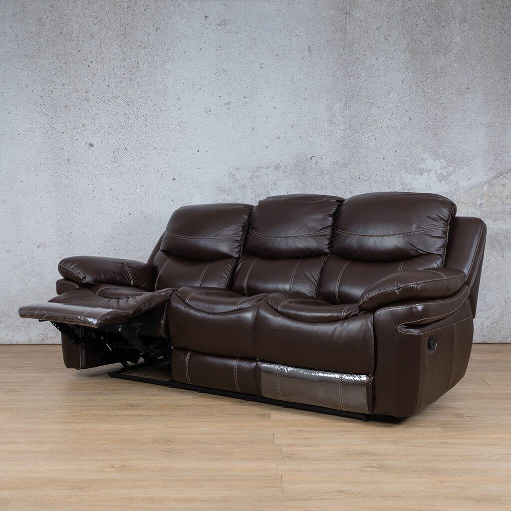 Geneva 3-seater-leather-recliner- Choc - angle view - Leather Recliner, recliner couches