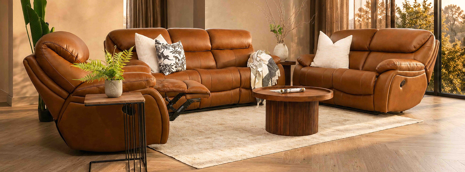 Kuta 3 piece leather recliner lounge suite in a warm Czar Pecan colour, styled in a rustic home interior. | recliner couches, 3 seater recliner, 2 seater recliner, recliner chair
