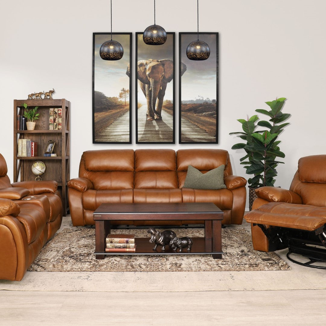 Kuta 3-piece recliner lounge suite in Czar Pecan, in a rustic lounge set up. | Recliners, recliner lounge suite, rocker recliner, recliner couches