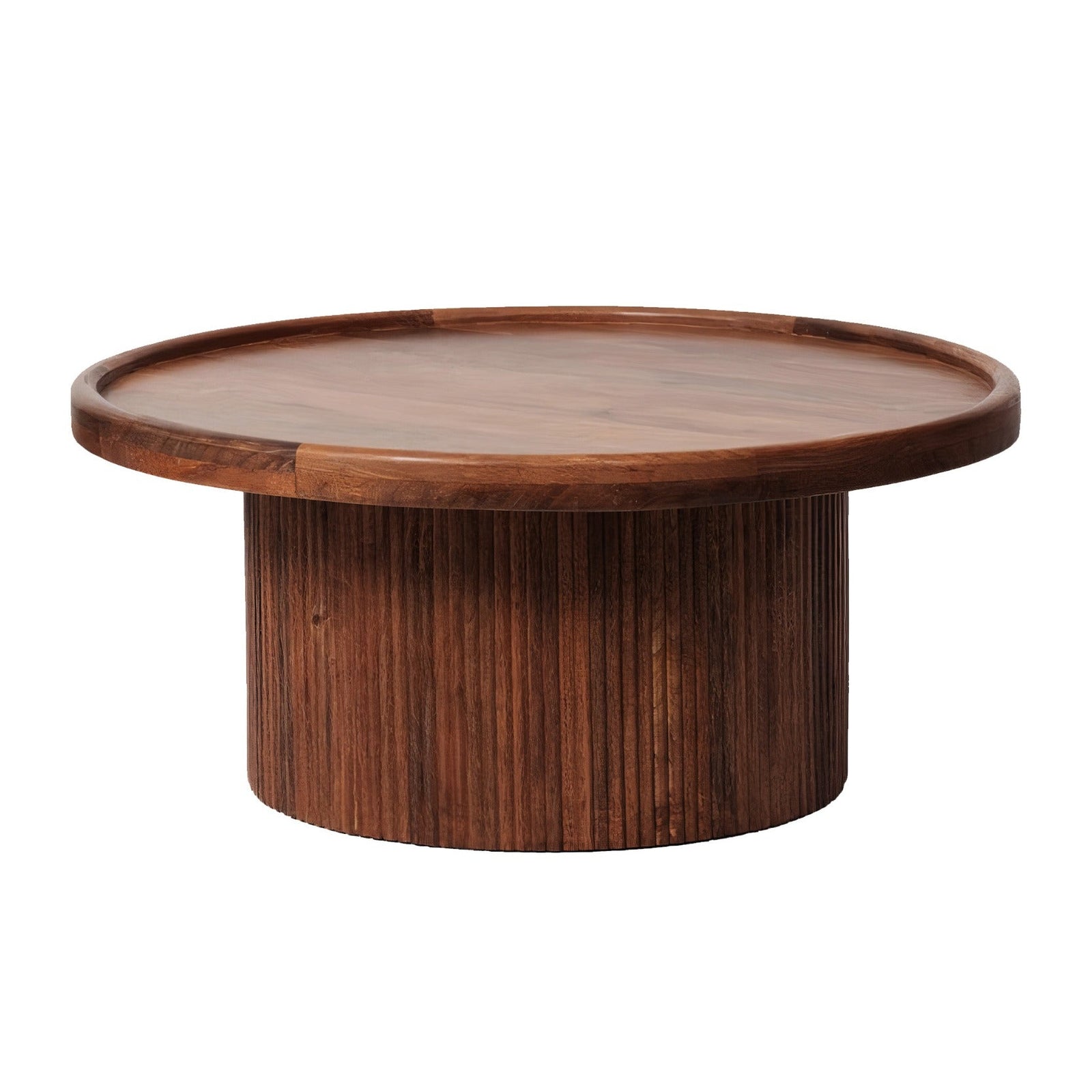 Malmo round wood coffee table with a stylish drum base in Chestnut.