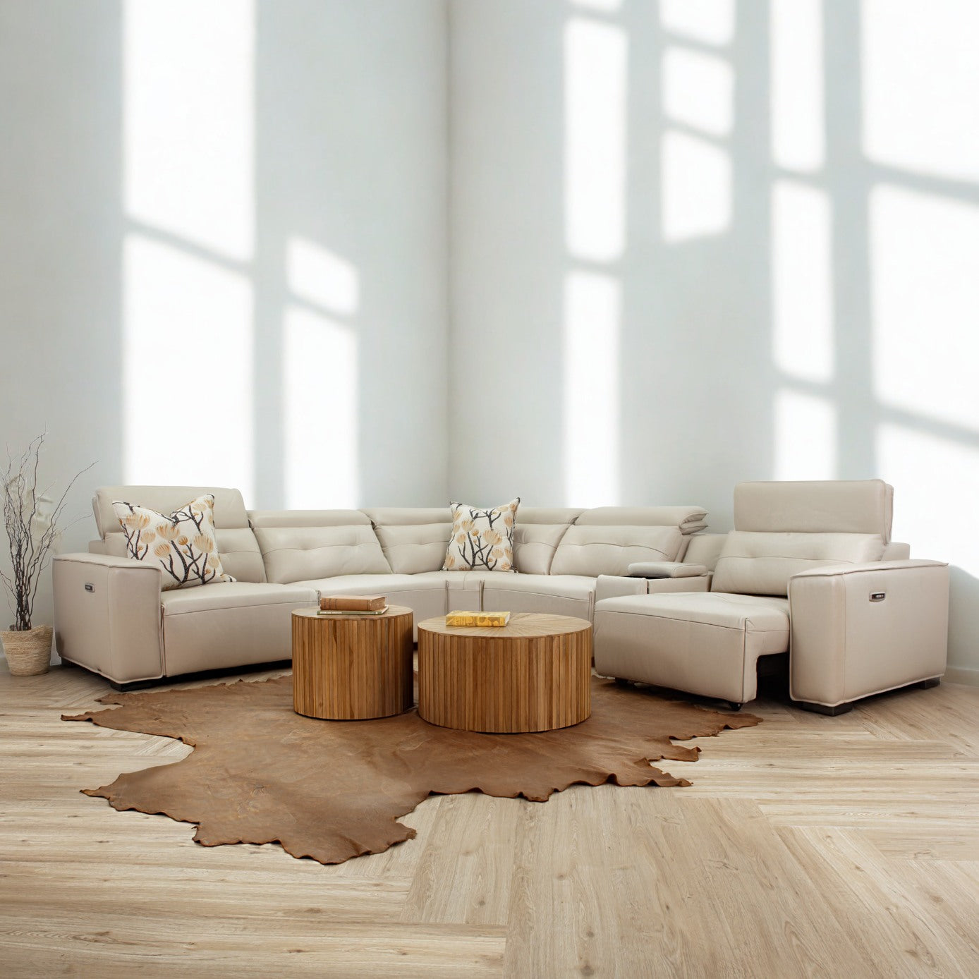 Marbella leather corner couch shown in an eclectic living space | L shape couch, leather corner sofa, corner couches for sale, beige couch, sofas and couches