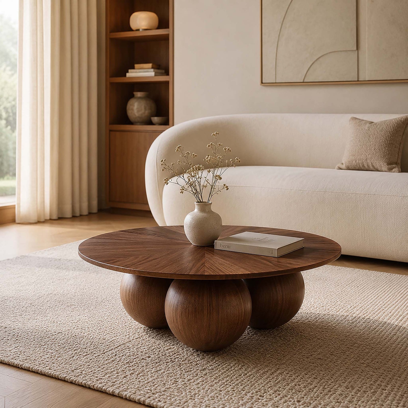 Matilda Coffee table in a rich brown finish, styled in a contemporary living room. | coffee table, wood coffee table, modern coffee table