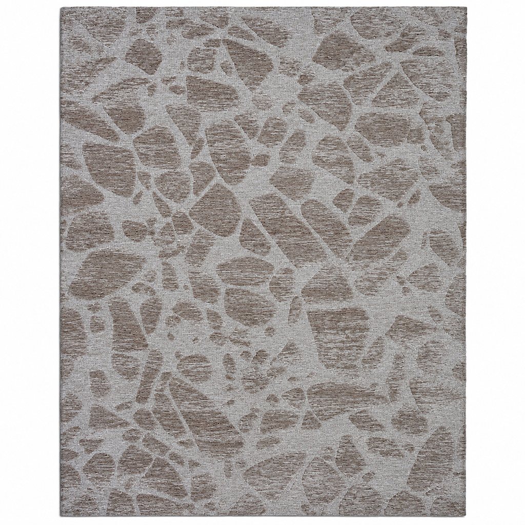 Leather Gallery Relic Rug in Cavern Grey, featuring a textured abstract organic pattern in taupe-brown and light grey tones.