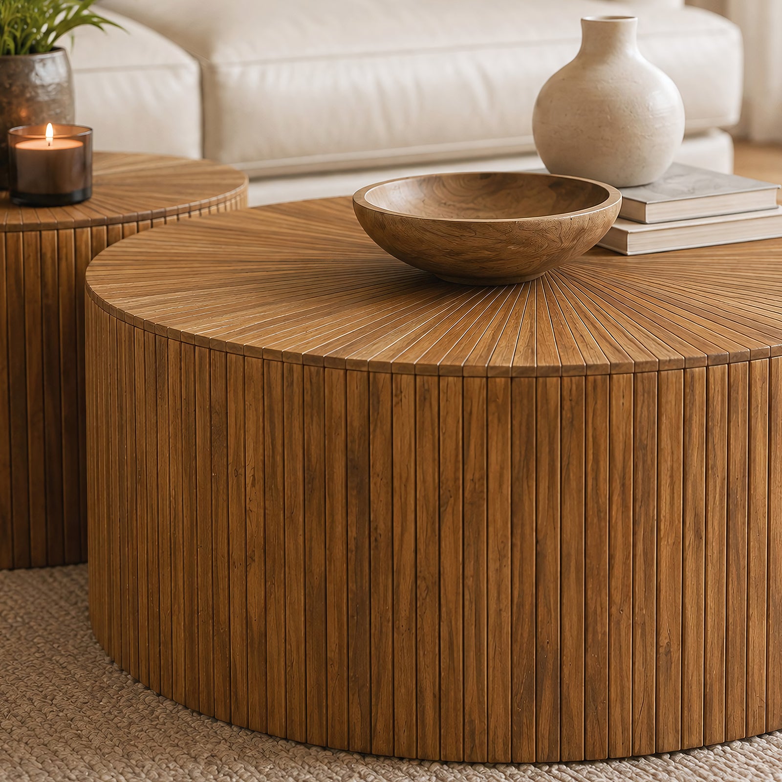 Gallery Everyday Remus Nesting Coffee Tables Set of 2, featuring a round wooden top, fluted slatted base, and matching wooden bowl.