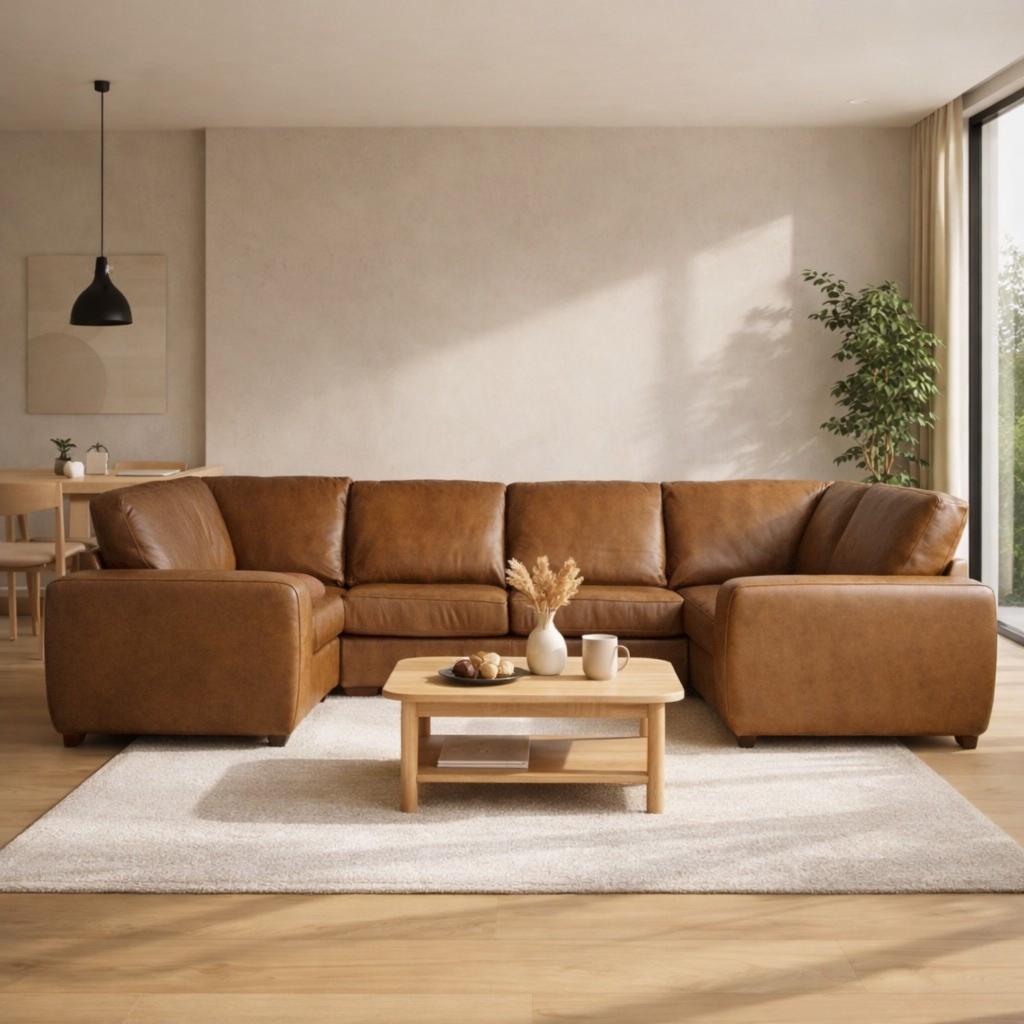 Stanford U shape couch in Czar Pecan, shown in an open plan living space.| U shape couch, brown leather couch, leather l shape couch, U shape couch for sale, couches south africa, modular couch