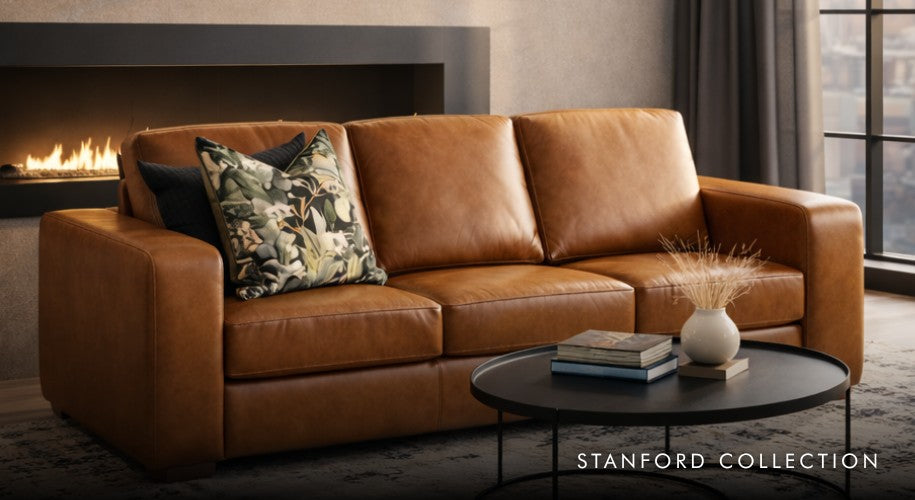 Stanford Leather 3 Seater Couch, shown in a cosy interior setting. | leather couches, couches for sale, brown leather couch, Leather Gallery