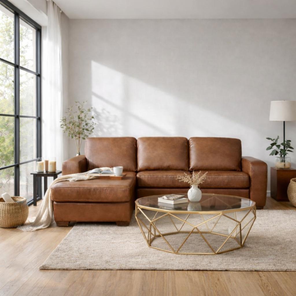 Stanford Leather L shaped couch with Chaise - 3 seater, in a rich Czar Pecan hue, shown in an elegant living space. | L shaped couch, leather l shaped couch, l shaped couches for sale, brown leather couch