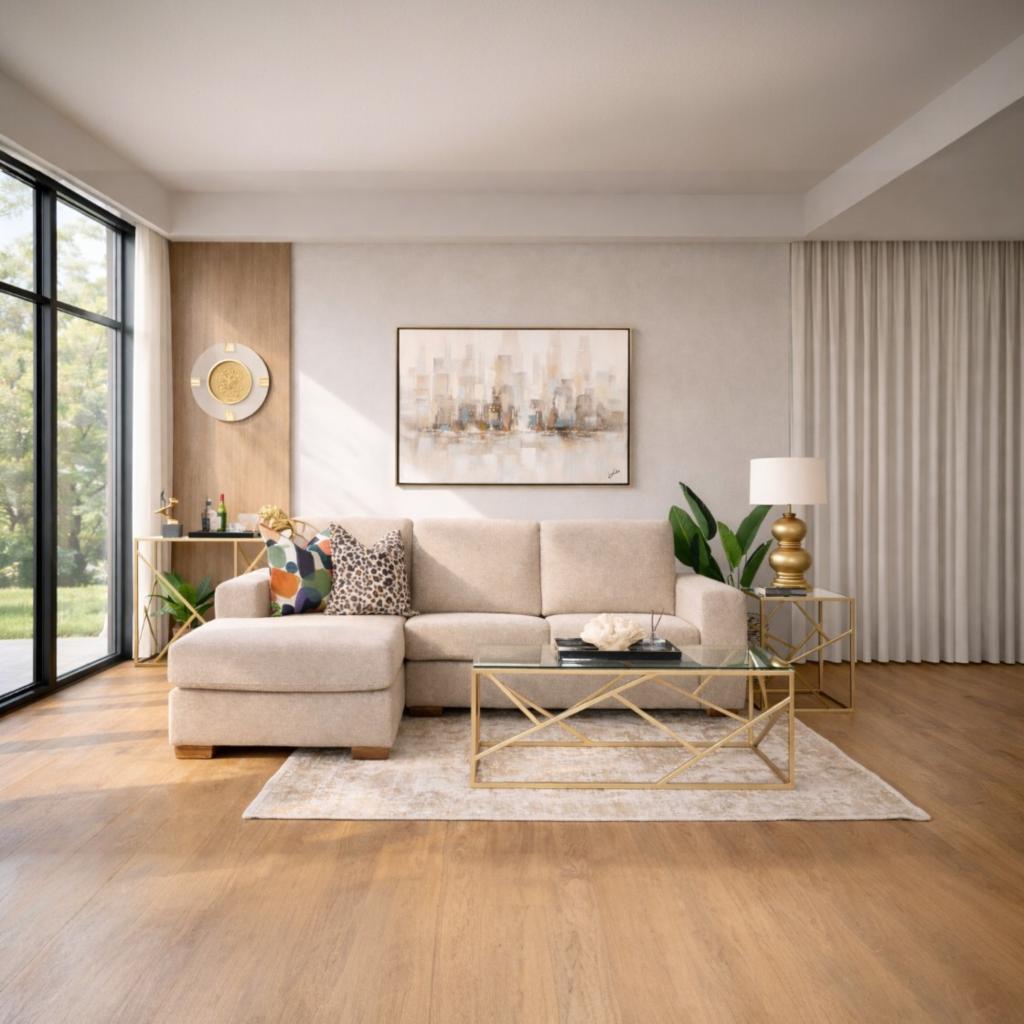 Stanford Fabric L Shaped Couch, left hand facing - Kenya Sand| L shape couches for sale, fabric l shaped couch, corner couch, beige couch, bedroom couch, sofas and couches