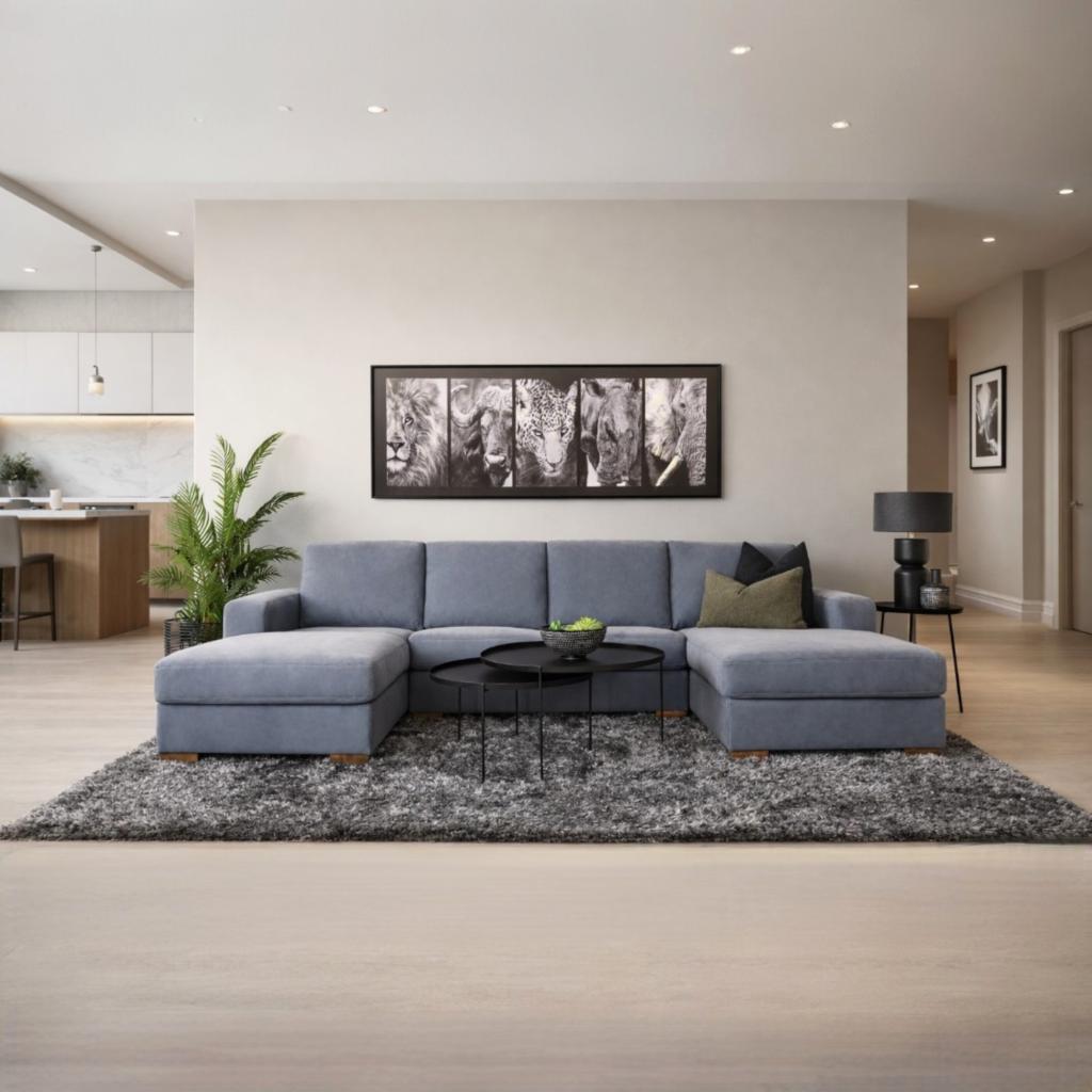 Stanford Leather U Shaped Couch in a luxurious flux blue toned, styled in a modern minimalist living space. | U shaped couch, leather couch, modular couch, couches for sale, blue couch