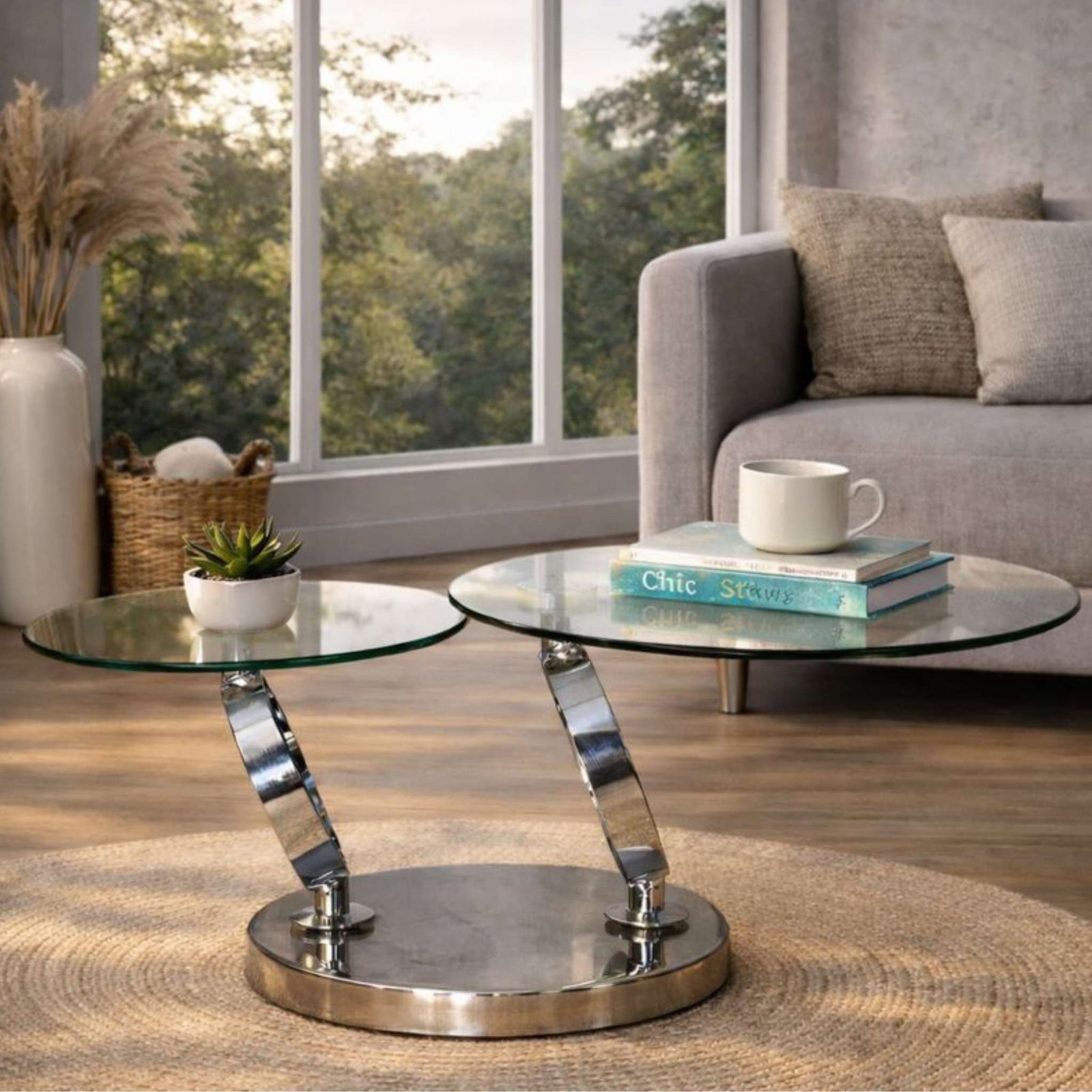 Swivel Stainless Steel Glass Coffee Table - Silver
