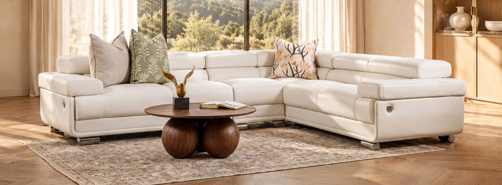 Tobago Leather Corner Couch in a contemporary white colour, styled with the Matilda Coffee Table in a grand living room interior. | corner couches, l shape couch, white leather couch