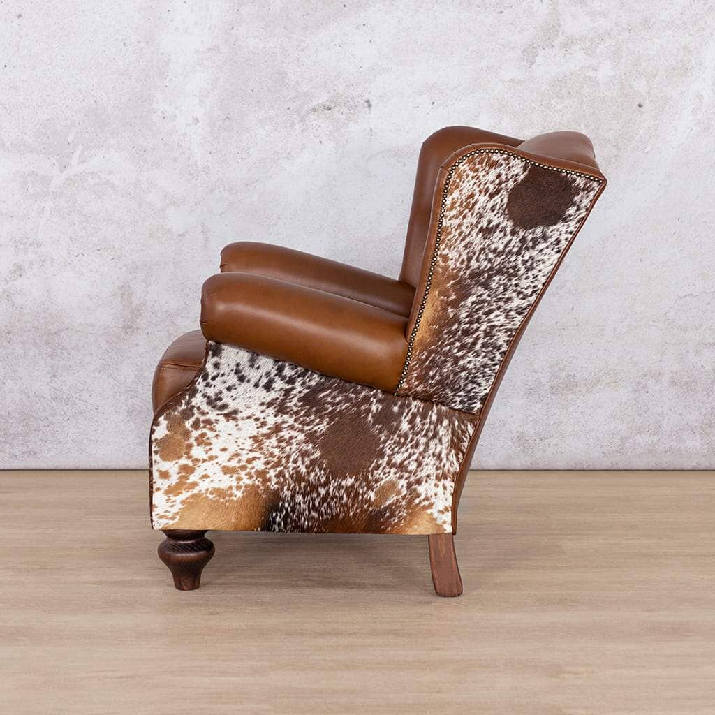 Torin Wingback Leather Occasional Chair – Side View – Scroll Arms and Stud Detailing in Tri-Colour Royal Walnut Leather | Leather Gallery