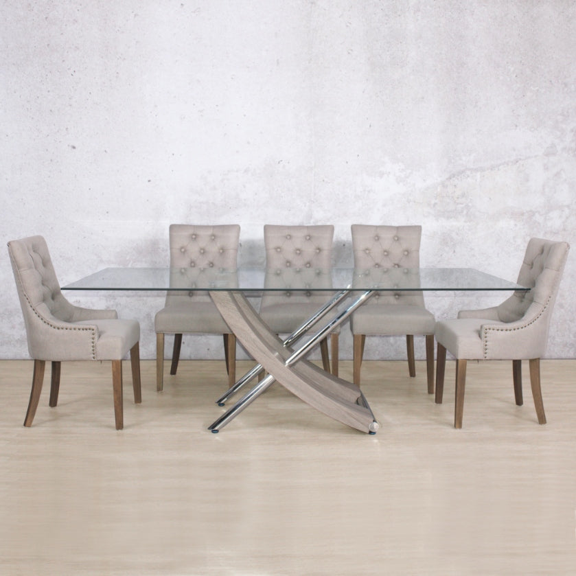 Leather Gallery Tropez & Duchess 8-seater Dining Set, with glass top dining table & 8 fabric upholstered chairs in Dark Oak.