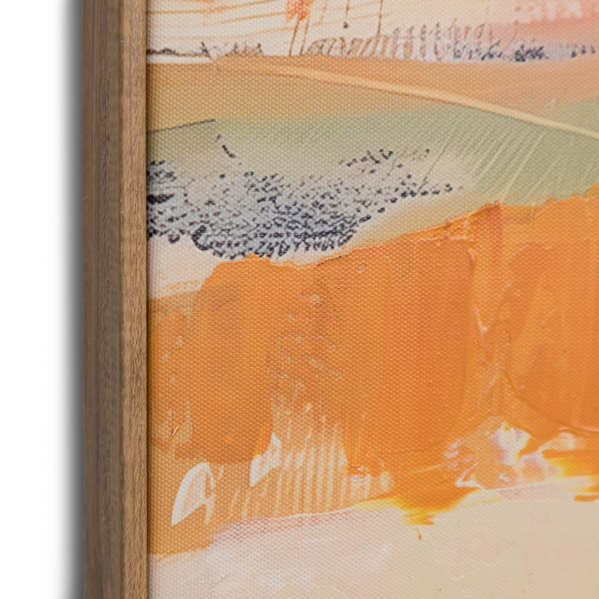 Close-up of Tidal Memories - Kia Artwork by Leather Gallery showing orange brushstrokes, layered textures and a natural wood-toned frame.