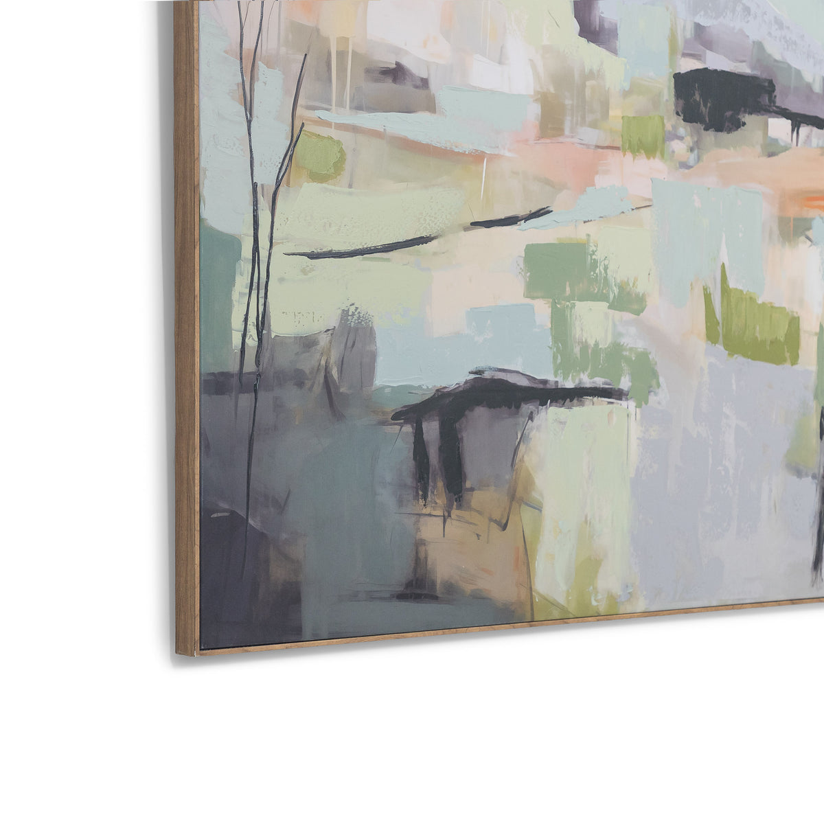 Close-up of A Summer In Como - Kia Artwork by Leather Gallery showing layered abstract brushstrokes, soft pastel colours and a slim wood-toned frame.