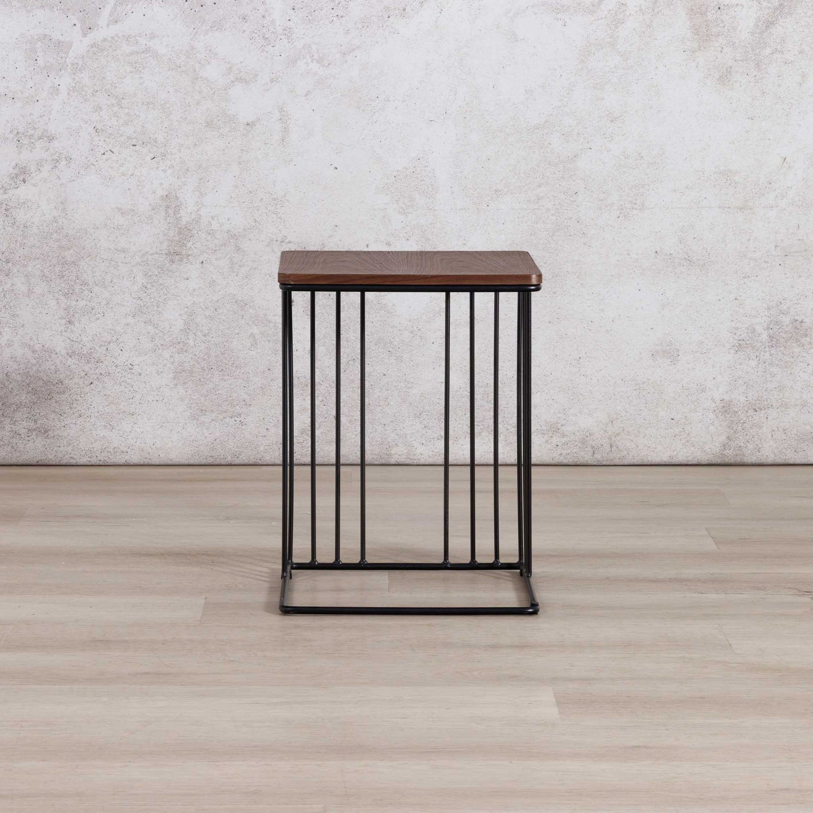 Gallery Everyday Camila Side Table in Walnut, featuring a dark wood square top and black metal wire-frame base.