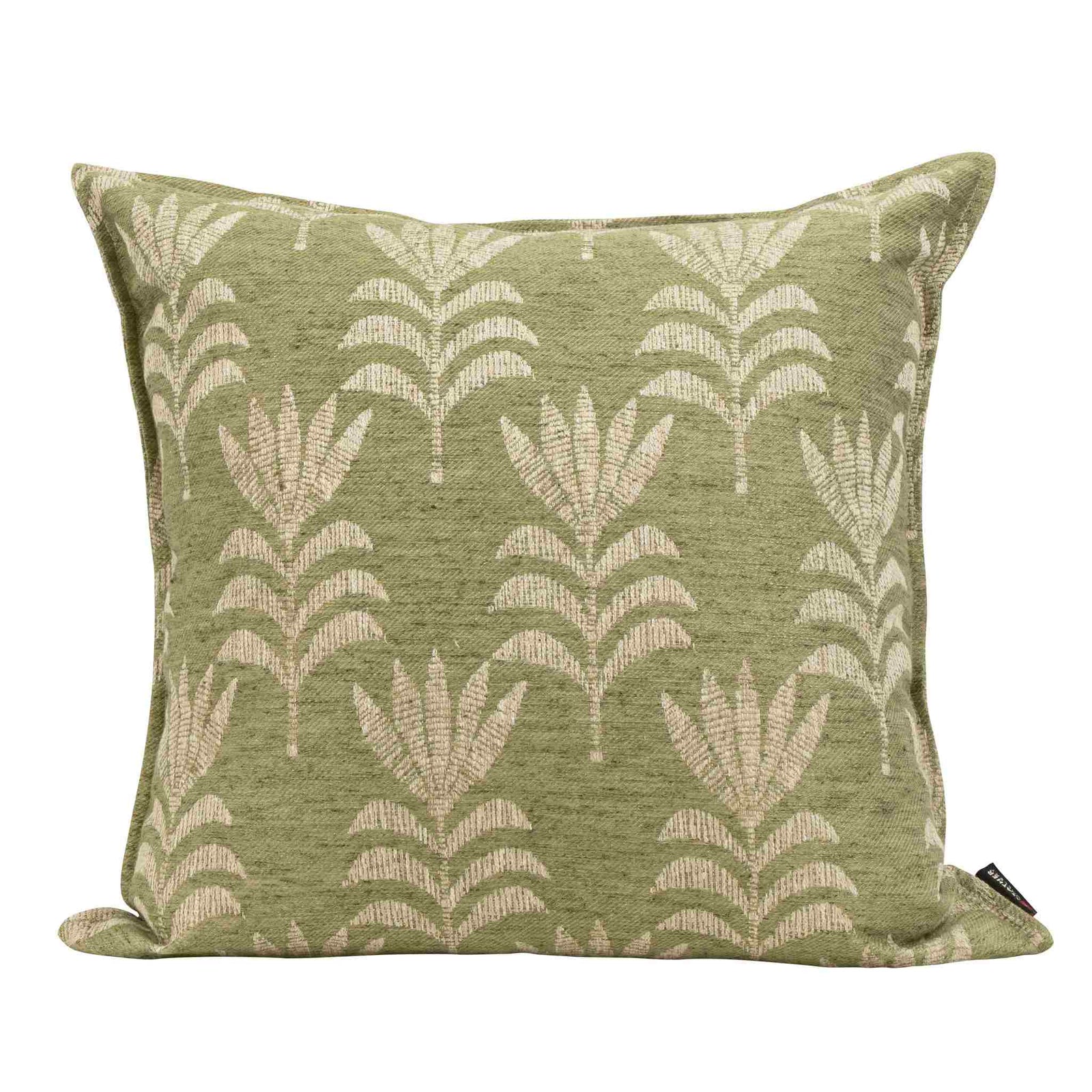 A square Wilderness Jade couch cushion with an embroidered sage green and off-white floral motif, designed for use as high-quality chair cushions or accents. | Leather Gallery Scatter Cushions