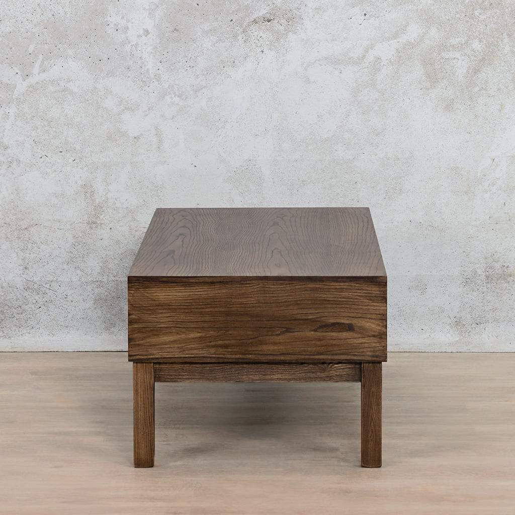Willow Coffee Table - Antique Dark Oak - Wood Coffee Table - Side View Leather Gallery