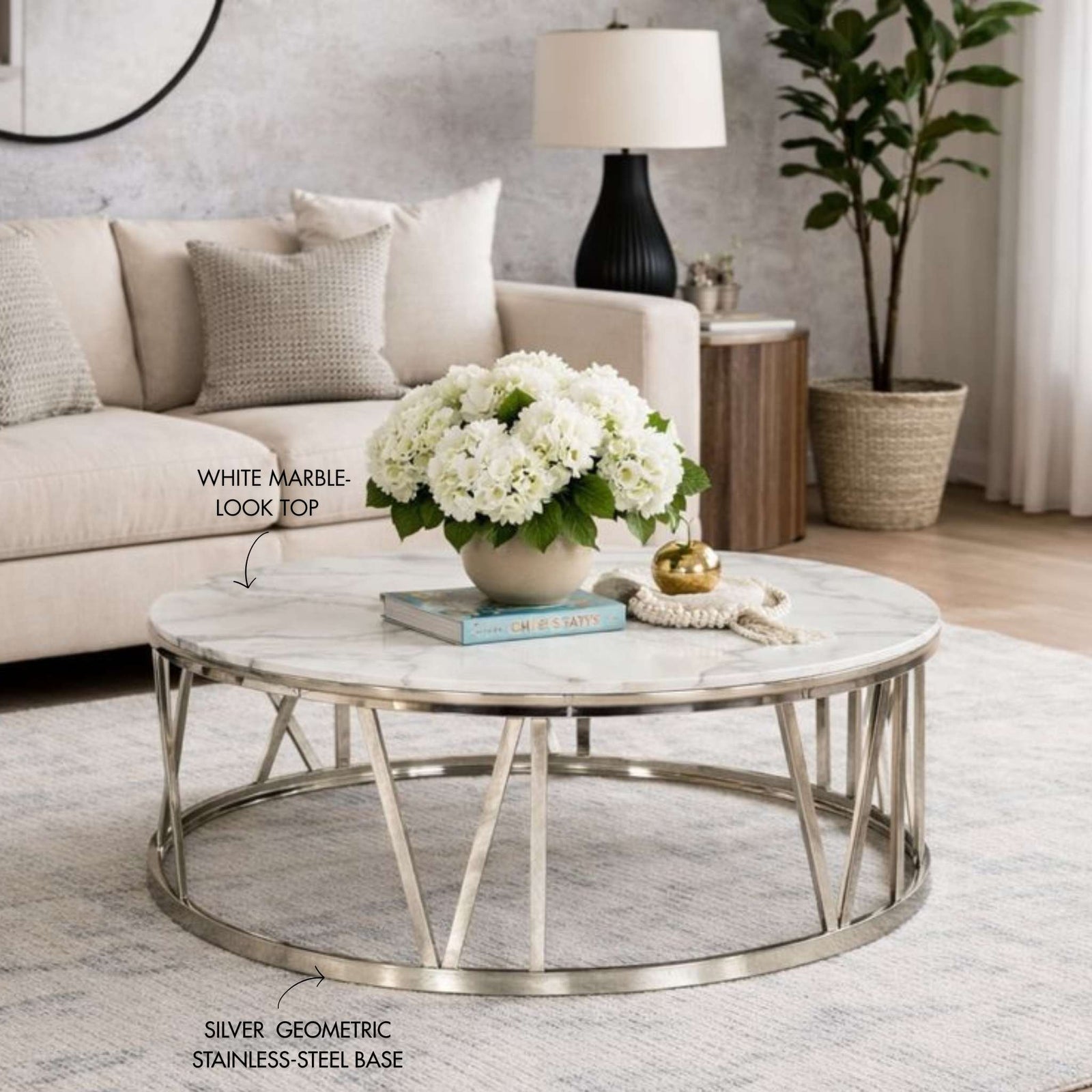 Zoya Coffee Table - White Marble Look Top & Silver Base - DIA1010 x H450 / White Marble Top - Silver Base - Coffee Table | coffee tables for sale, coffee tables