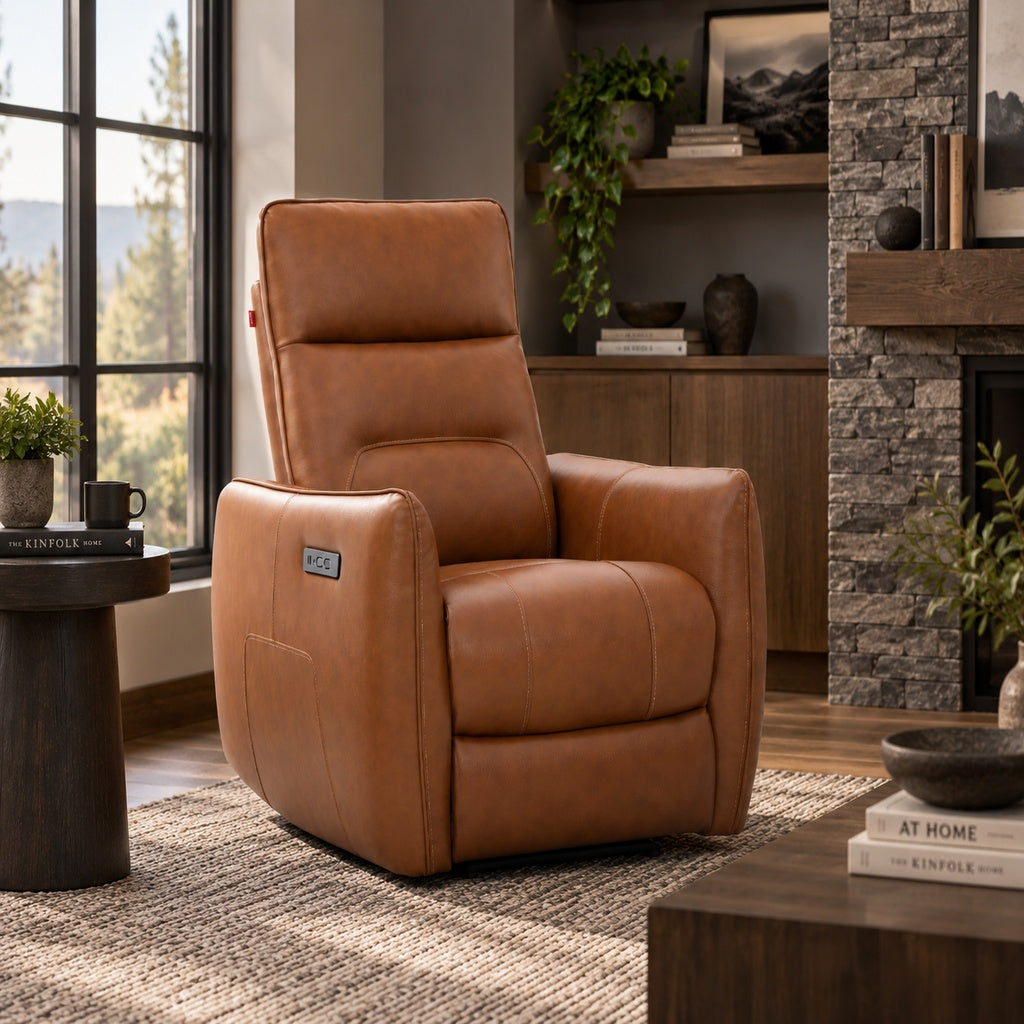 Leather Gallery Randall 1 Seater Leather Recliner Chair in Whiskey, featuring warm brown leather upholstery and a high-back reclining design in a modern living room.