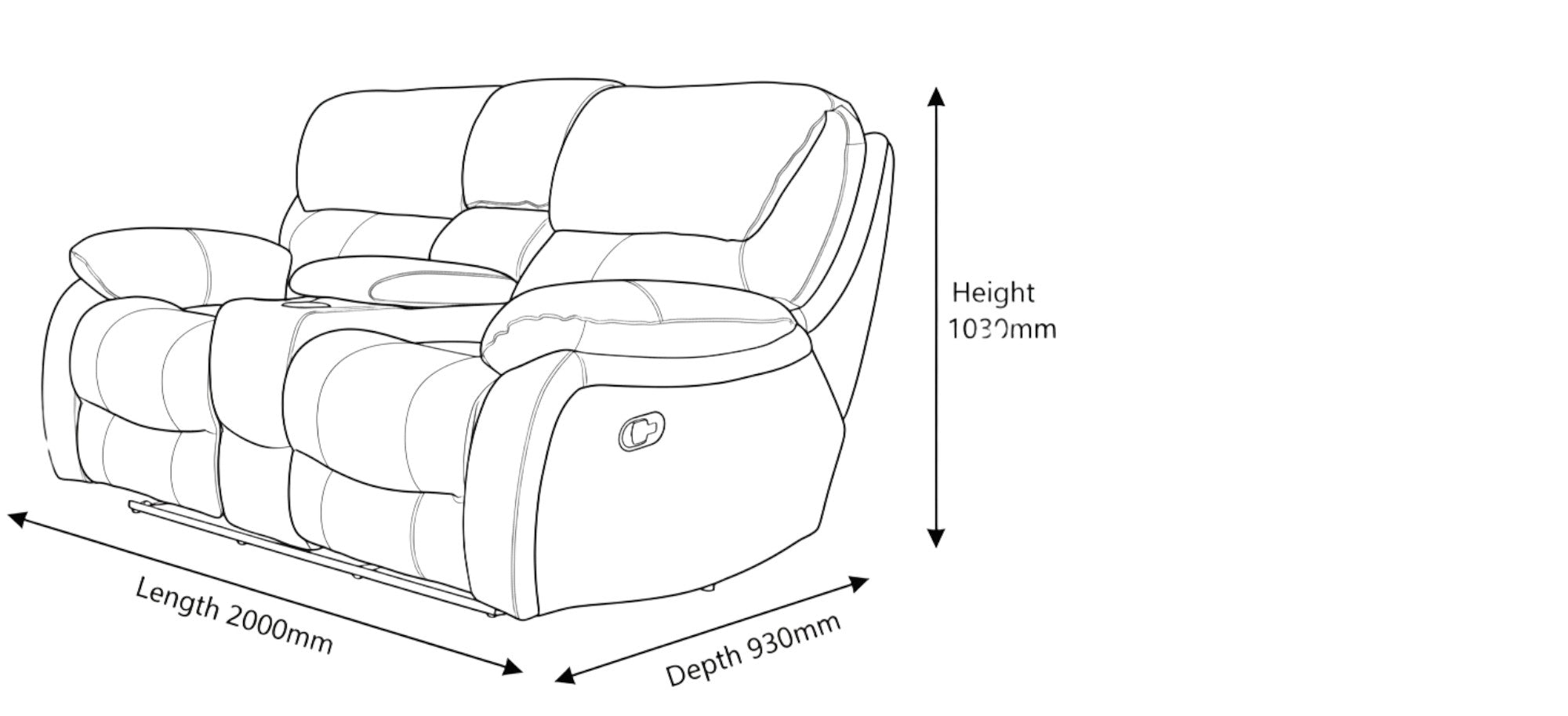 Measurement chart for Kuta 2 Seater Home Theatre Leather Recliner
