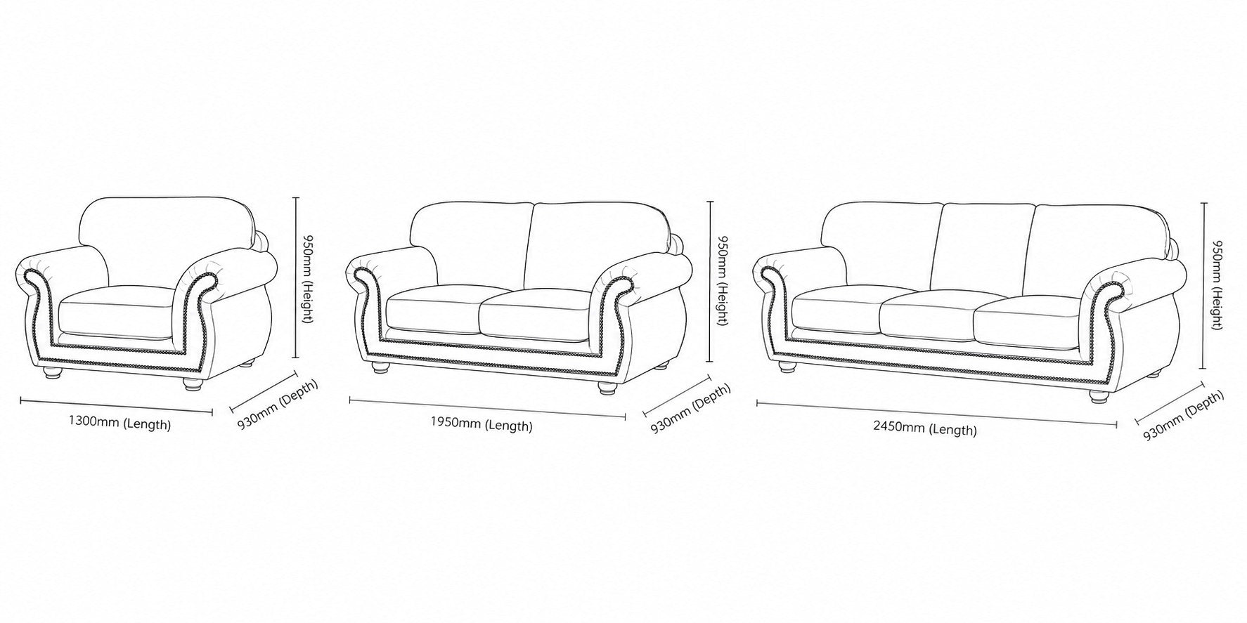 Measurement chart for Isilo 3+2+1 Fabric Lounge Suite