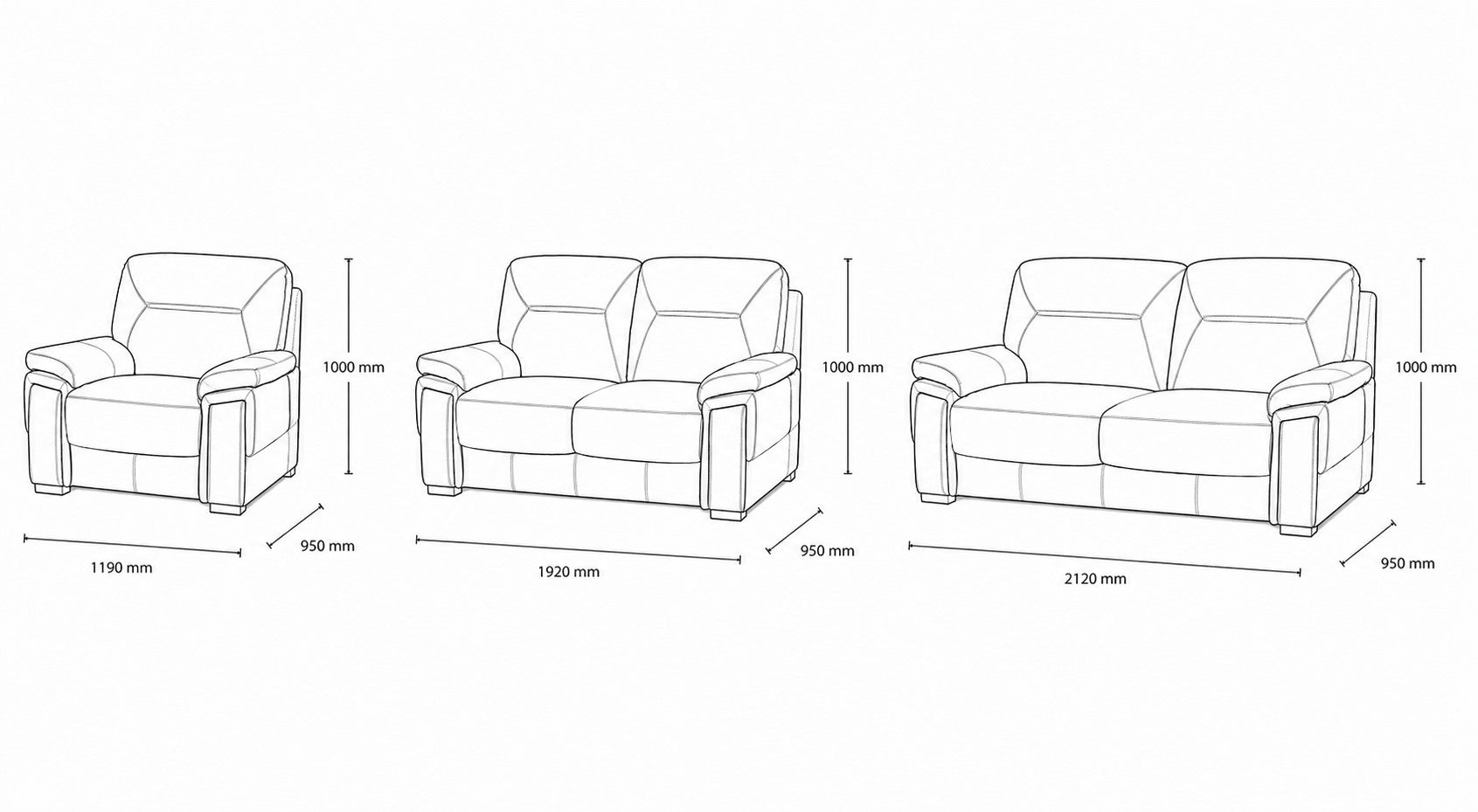 Measurement chart for San Lorenze 3+2+1 Fabric Lounge Suite