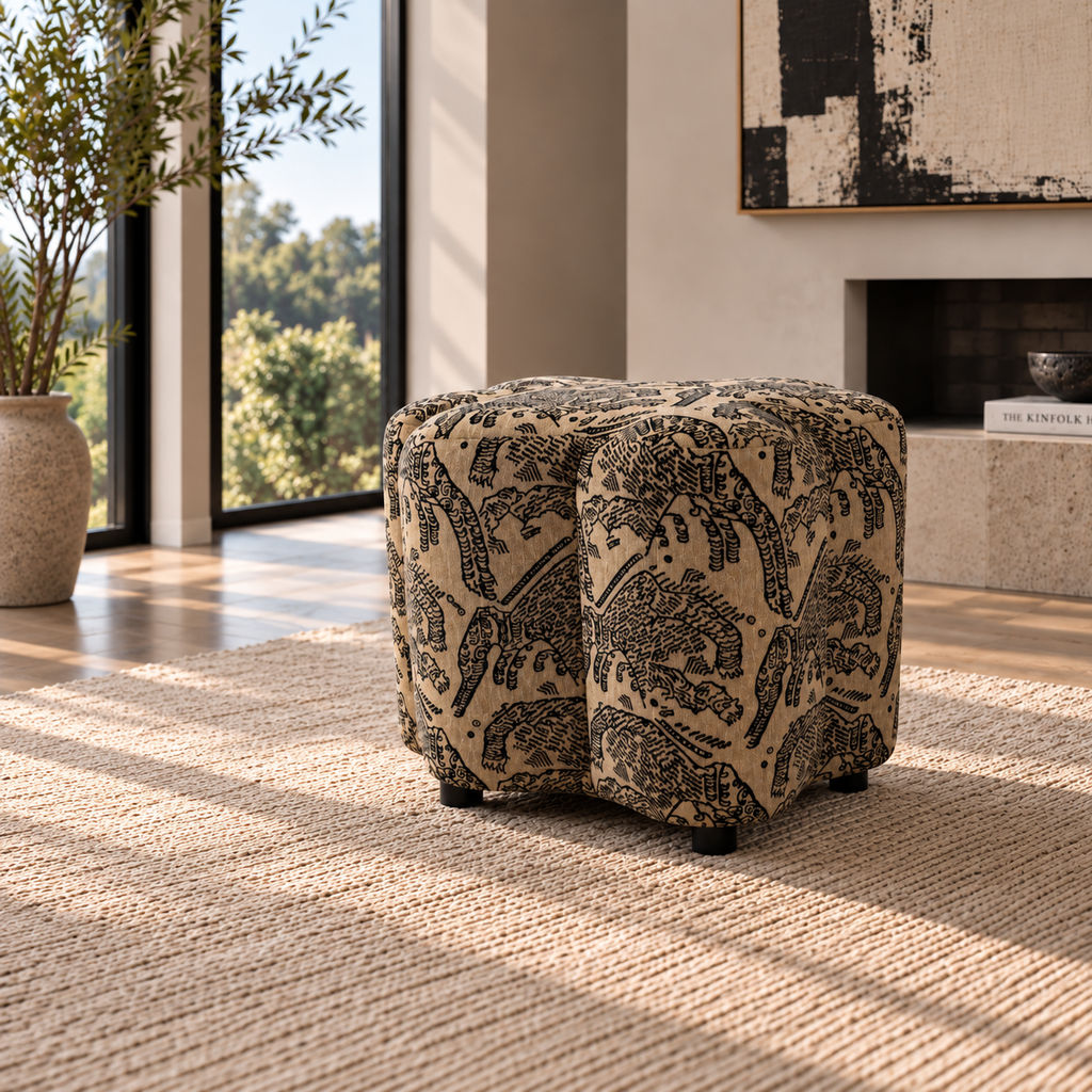 Stattera Amari Stool in Graphite Ivory, featuring soft ivory chenille upholstery with an abstract graphite pattern and a compact sculptural form.