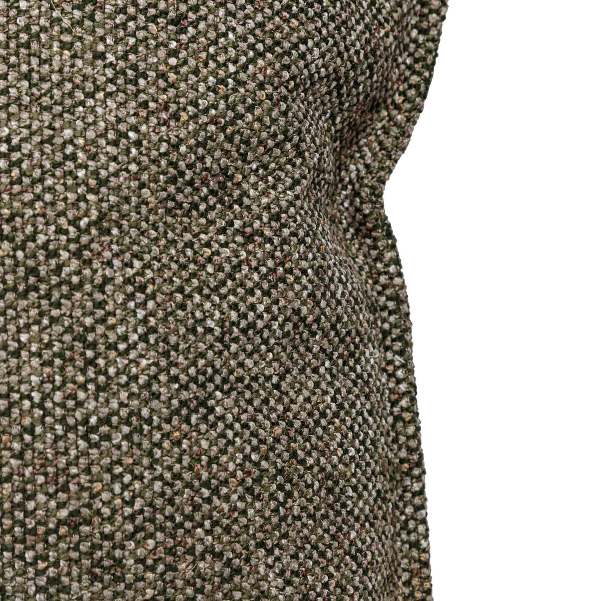 Close-up of the Leather Gallery Aardé Cushion in Moss Green, showing the woven fabric texture in olive, brown, beige, and black tones.