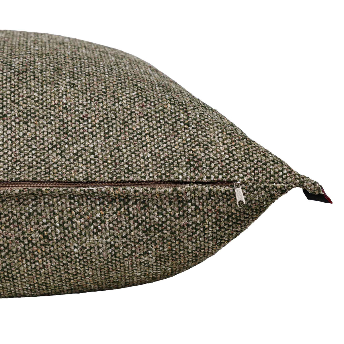 Close-up of the Leather Gallery Aardé Cushion in Moss Green, showing the textured tweed fabric and brown zipper with silver pull.