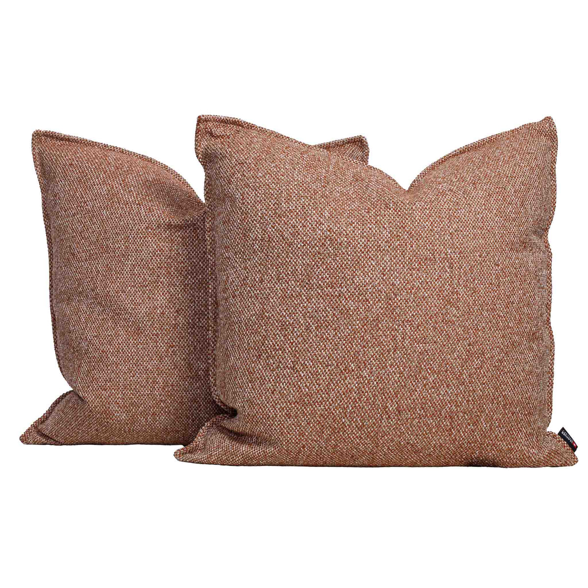 Two Leather Gallery Aardé Cushions in Sienna Rust, featuring a warm brown herringbone fabric.