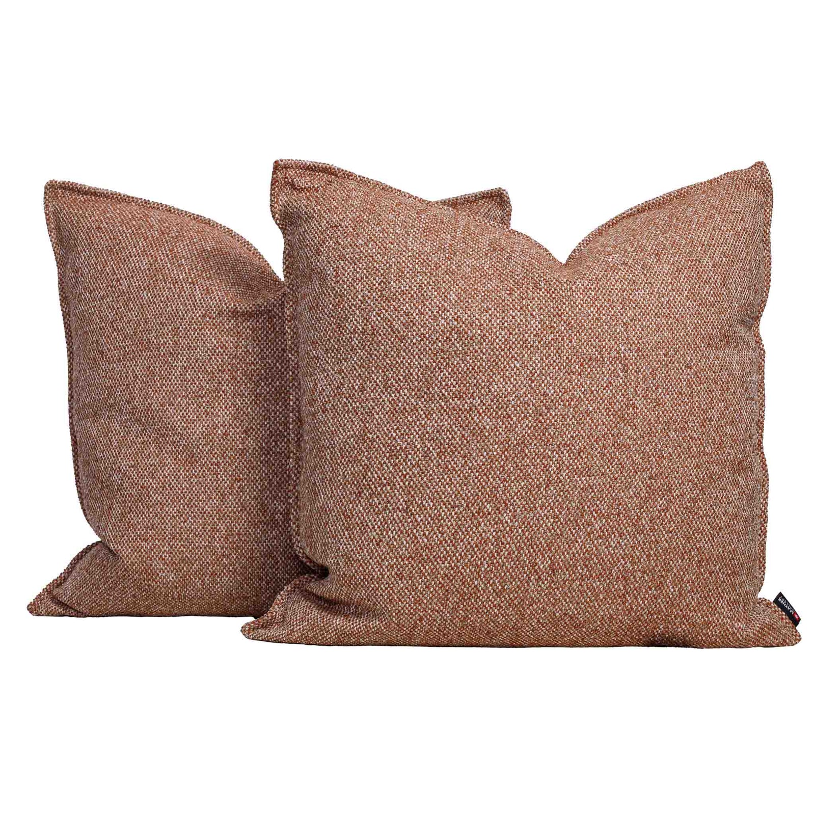 Two Leather Gallery Aardé Cushions in Sienna Rust, featuring a warm brown herringbone fabric.