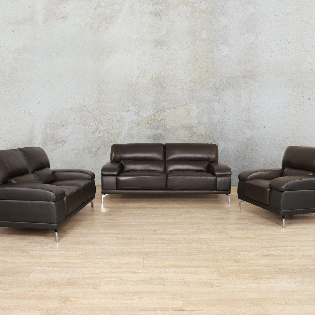 Adaline 3 piece lounge suite, front view, shown in a Choc hued leather. | pleather couch, lounge suite, sofas and couches, leather couches for sale