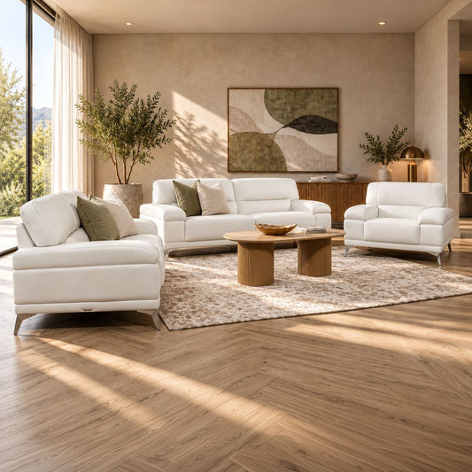 Adaline 3+2+1 Leather Lounge Suite in Urban White, styled in a rustic lounge setup. | Couches, sofas and couches for sale, pleather couch, three piece lounge suites 
