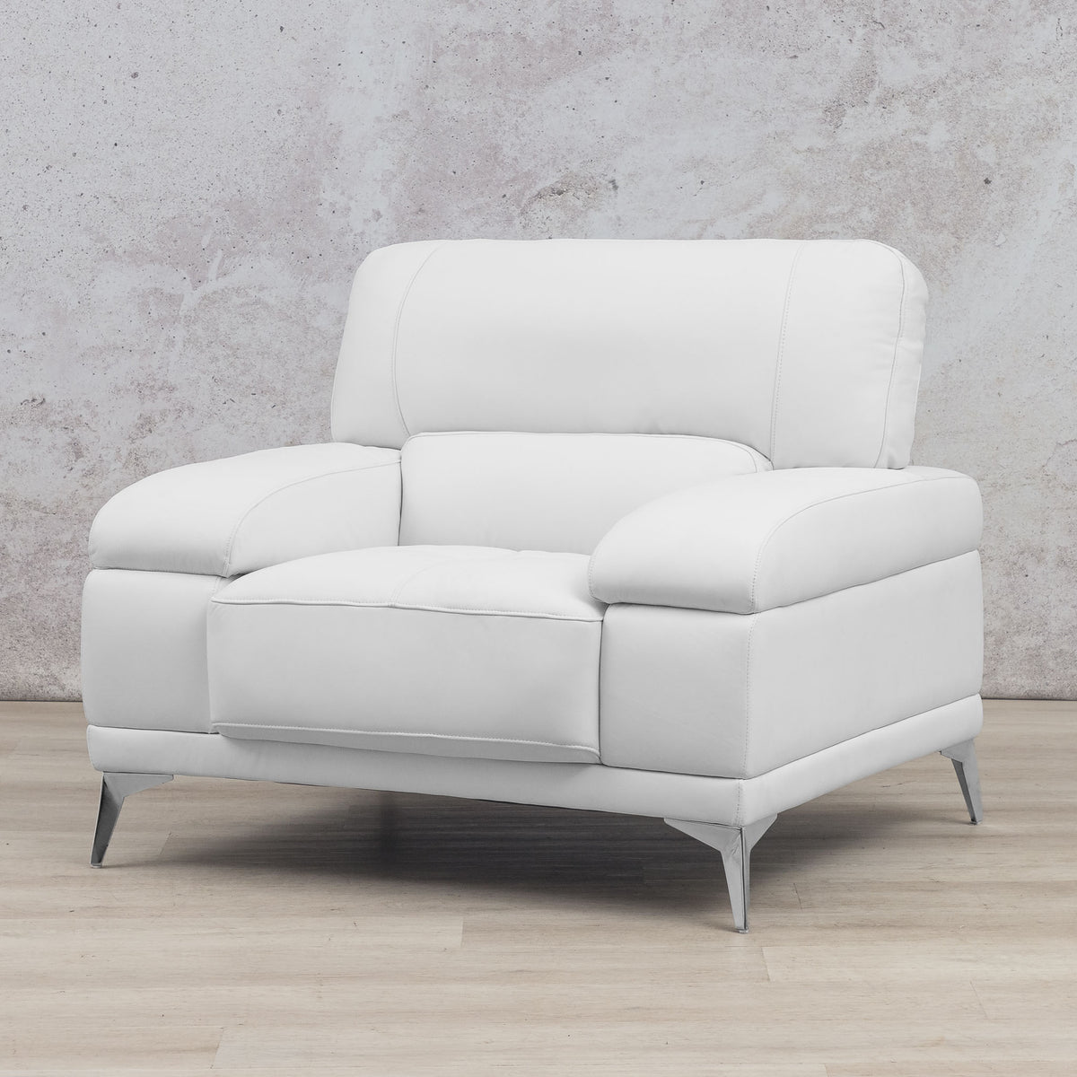 Angle view of Adaline 1 seater couch, in Urban white leather | Leather couches, single seater couch, single couches for sale, white leather couch 