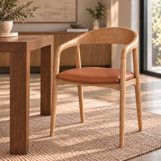 Alaric Leather Dining Chair, light wooden dining chair with a comfortable leather seat, modern dining chairs