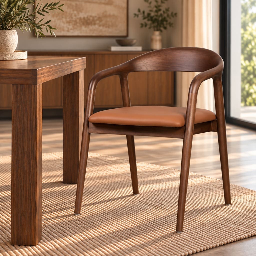 Leather Gallery Alden Leather Dining Chair in Walnut, featuring a curved wooden backrest and tan leather seat cushion.